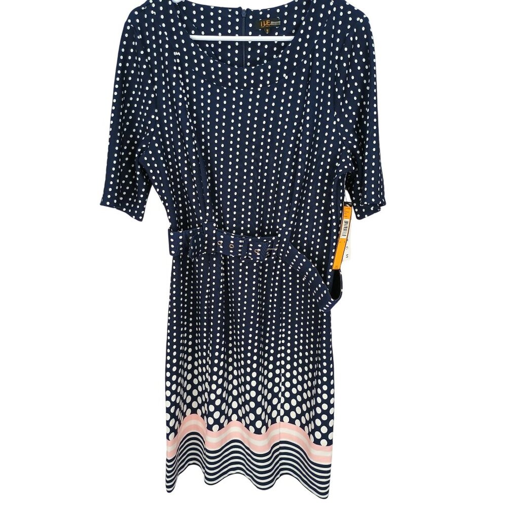 Ile New York Polka Dot‎ Dress With Belt Navy/White Size 16